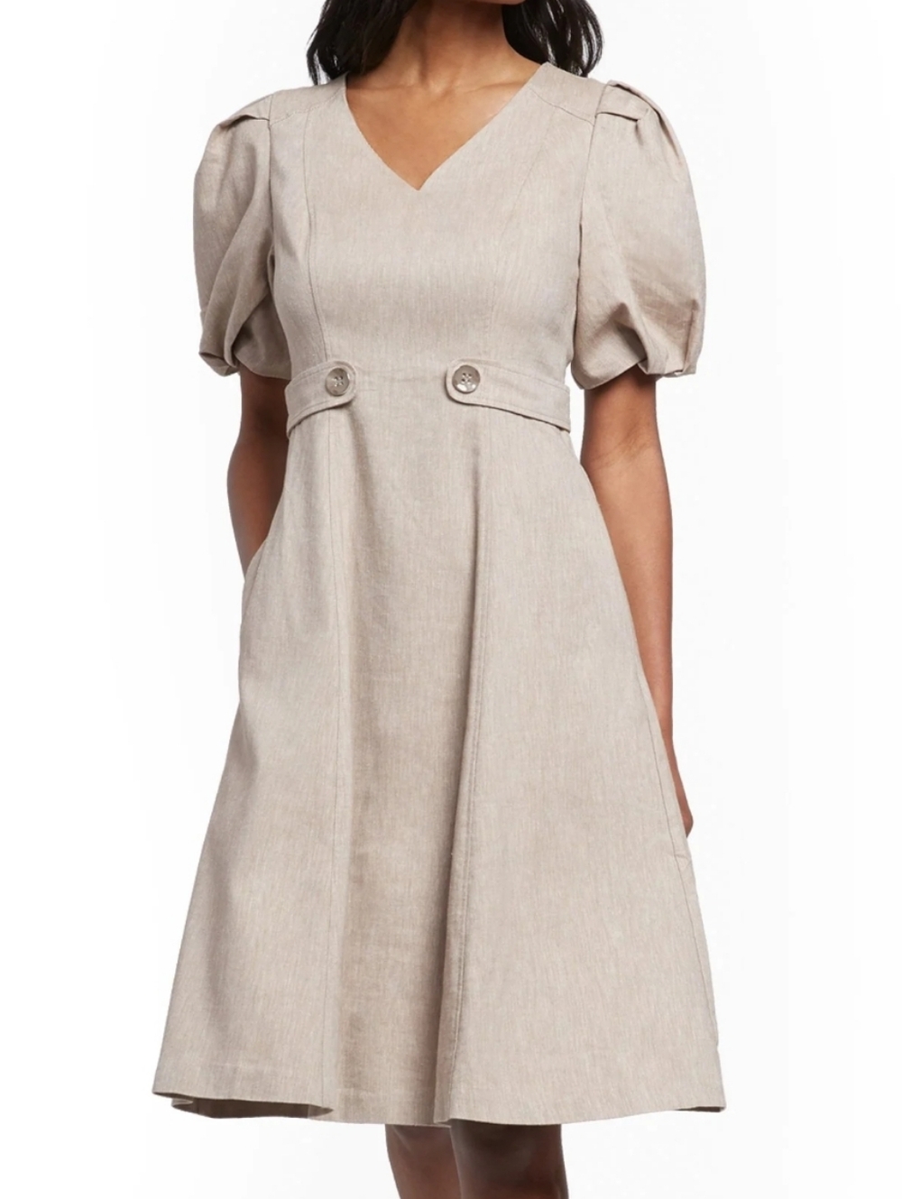 NY&C Taupe Knee Length Linen Blend Dress with Balloon Sleeves & POCKETS Size L
